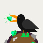 Illustration of a crow, that has a green jewel on his beak and green boots on his feet.