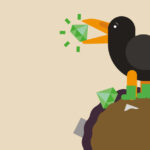 A black cartoon raven holds a diamond between his beak in front of a beige background.