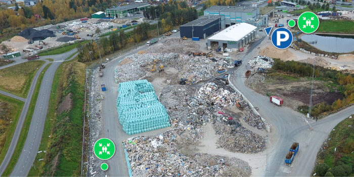 Syklon lajittelulaitoksen parkkipaikat ja kokoontumispaikat.